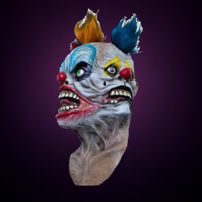 Tripolar Clown mask, view 5, against consistent smooth dark aubergine gradient