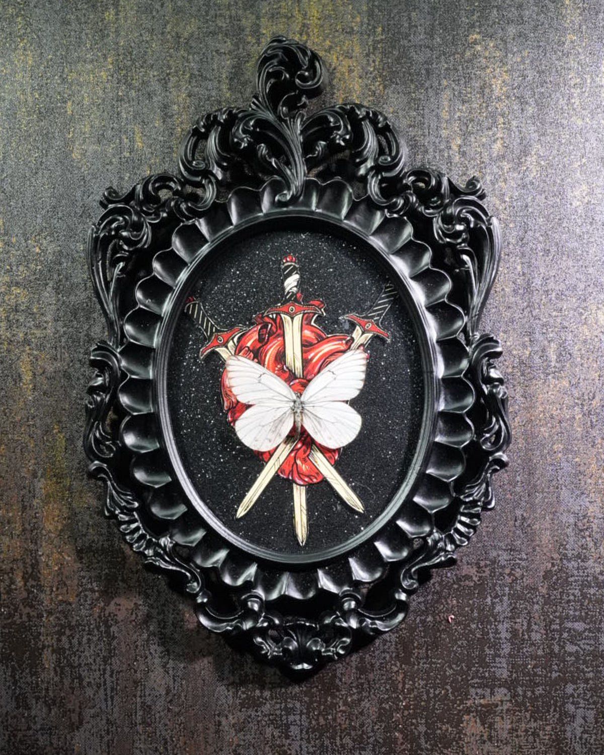 Swords & Painted Jezebel Butterfly in an Antique Frame framed wall decor