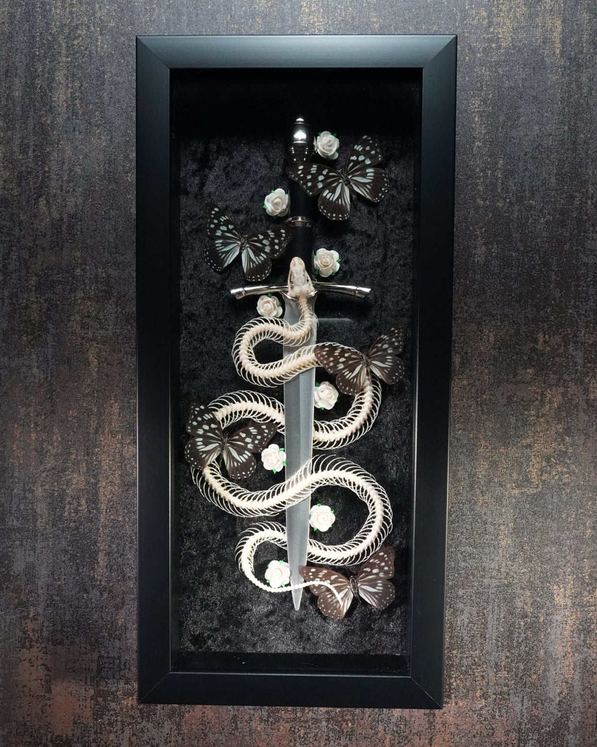 Corn Snake Skeleton with Siren Butterflies and a Dagger framed wall decor