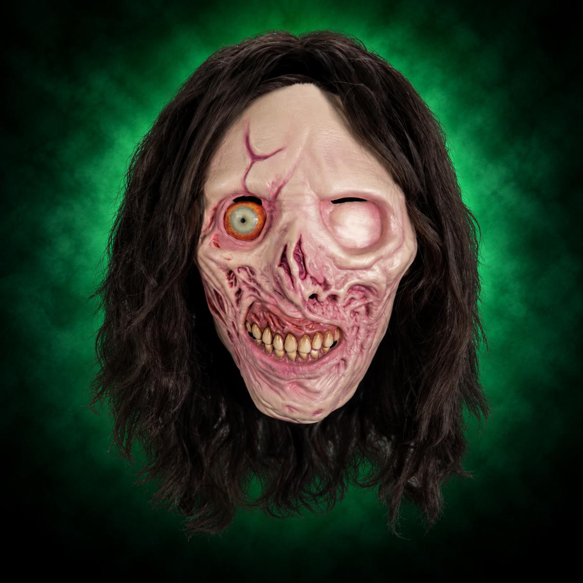Victoria Heyes Terrifier 2 mask, front view against green gradient background