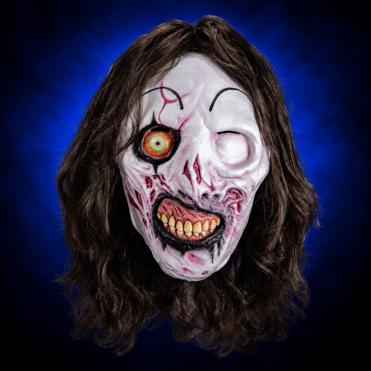 Victoria Heyes Terrifier 3 mask, front view against blue gradient background