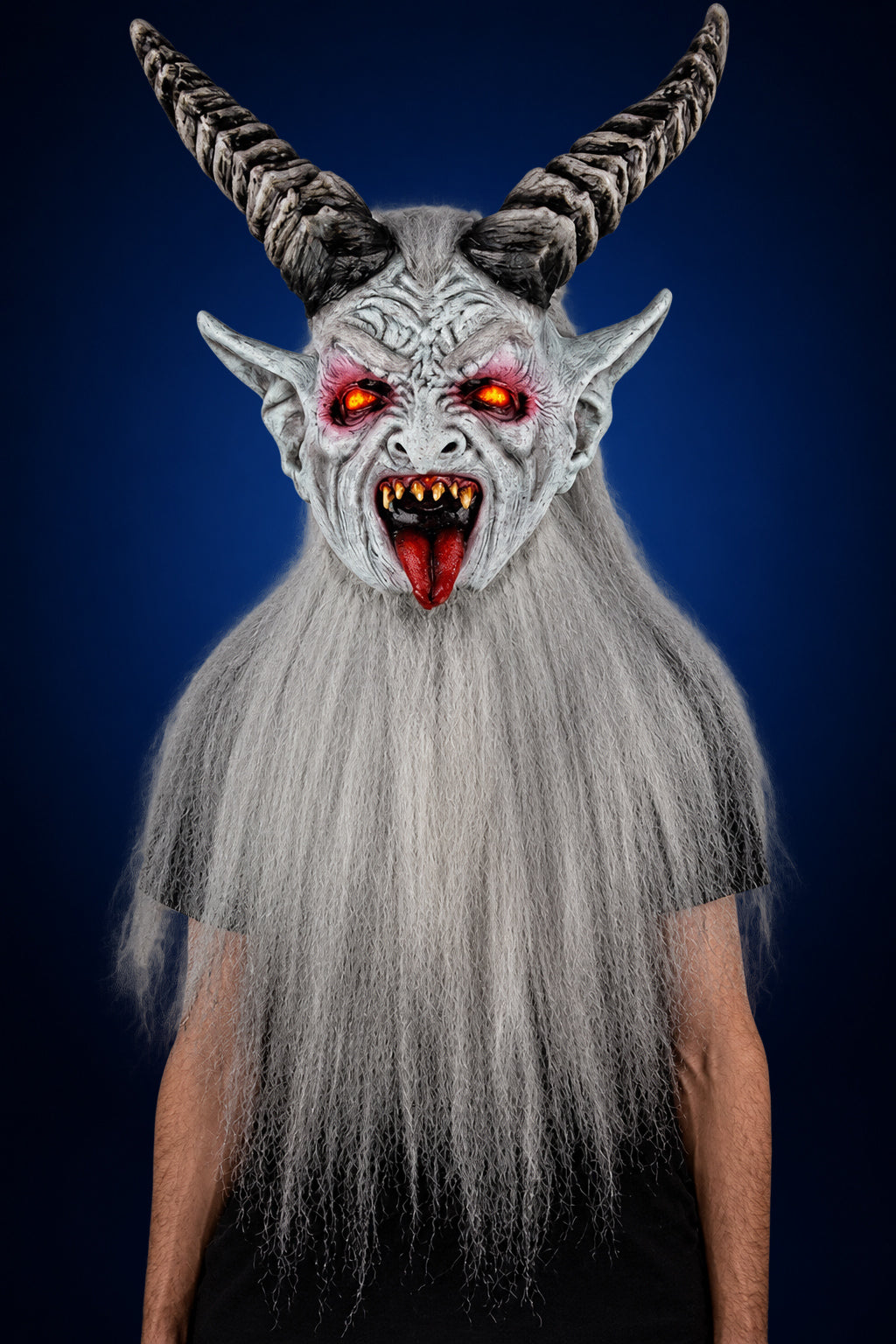 Winter Krampen mask, view 3, against a smooth dark midnight-blue gradient background