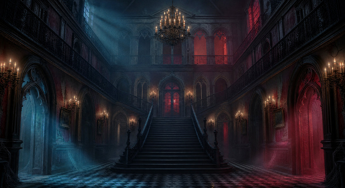Fright Delights manor hall with chandelier and staircase