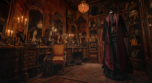 Dressing chamber with mirrors, candles and a burgundy cloak — The Cloakroom
