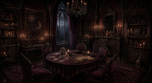 Candle-lit seance table with tarot cards and crystal ball — The Seance Chamber