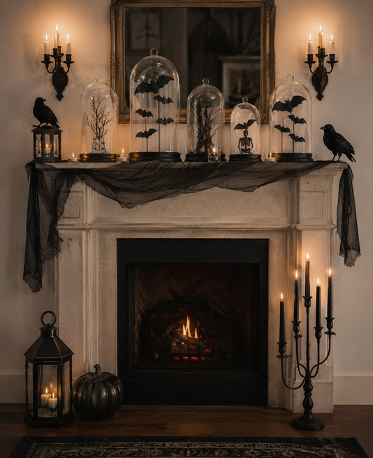 Halloween gift collection — mantel with bats and candles